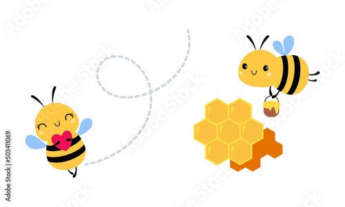 Cute Little Honey Bee with Wings and Black Stripes Flying with Bucket and Heart Vector Set