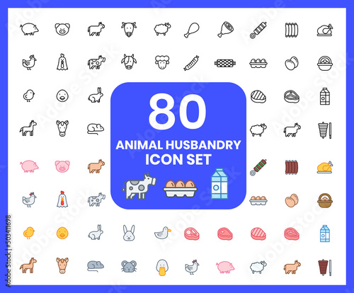 Collection of animal husbandry linear icons and color icons. horses, cows, rabbits, meat, livestock. Set of Pigs, mice symbols drawn with thin contour lines.