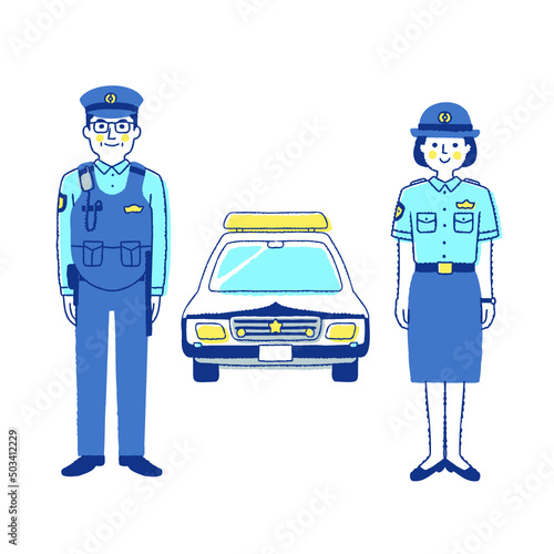 警察官の男女とパトカー