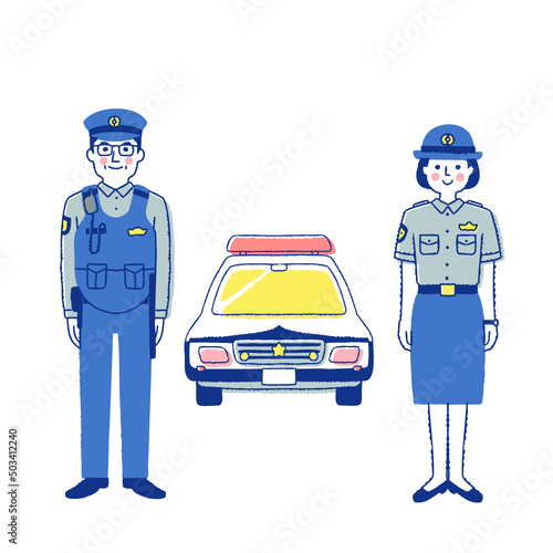 警察官の男女とパトカー