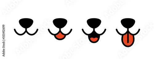 Dog face with tongue hanging out. Dog tongue, mouth and nose. Happy cat face with open mouth. Icons set. Vector illustration isolated on white background.