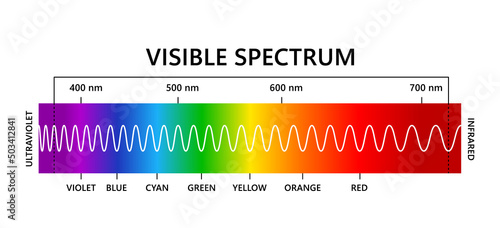 Visible light spectrum, infared and ultraviolet. Optical light wavelength. Electromagnetic visible color spectrum for human eye. Gradient diagram. Educational vector illustration on white background.