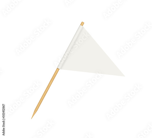 Toothpick flag. Blank flag on wooden stick. Wood toothpick with white paper banner for food and cocktail decoration. Triangle forms of pennant. Realistic 3d vector isolated on white background.