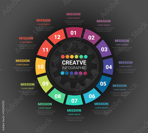 Infographic circle design for 12 options, steps or processes. can be used for Business concept, presentations banner, workflow layout, process diagram, flow chart. Vector illustration.