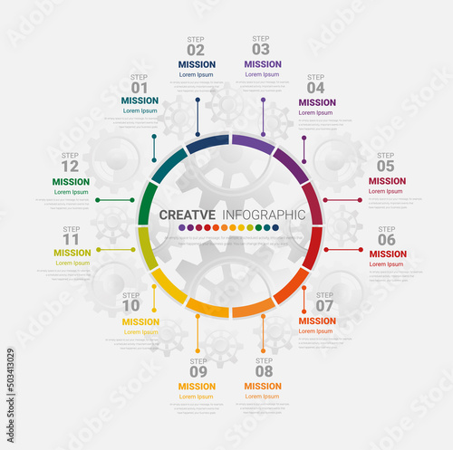 Gear infographics for presentation 12 steps, Infographic circle design can be used for Business concept, presentations banner, workflow layout, process diagram, flow chart. Vector illustration.
