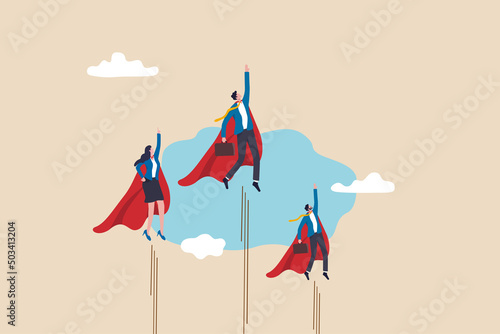 Professional people to help business success, teamwork or unity, super power to grow business fast, strength or team support concept, business people team members superhero flying high up in the sky.