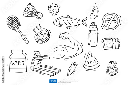 Fitness and healthy life doodle icon illustration