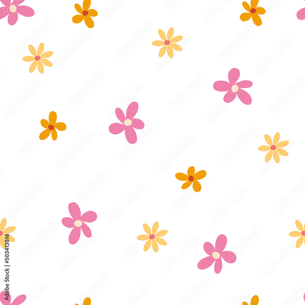 Floral seamless pattern. Creative blooming texture. Wildflowers background. Great for fabric, textile, scrapbooking.  Vector cartoon illustration