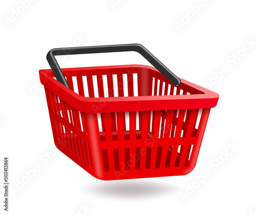 Red shopping basket floating on the air and oject on white background for shopping advertising design,vector 3d virtual isolated for shopping 
promotion sale concept design