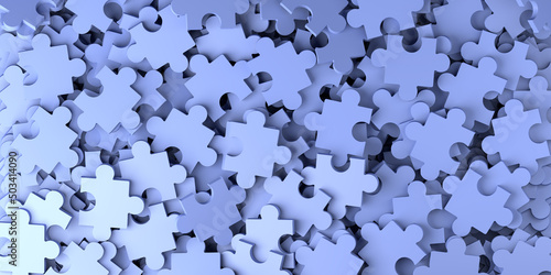 Background of blue puzzle pieces. 3D illustration. Copy space.