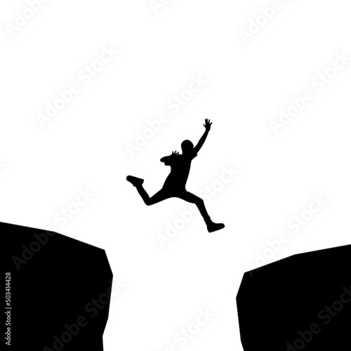 Courageous man jump over a gap from cliff icon isolated on white background