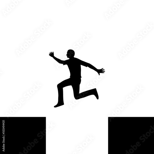 Courageous man jump over a gap from cliff icon isolated on white background