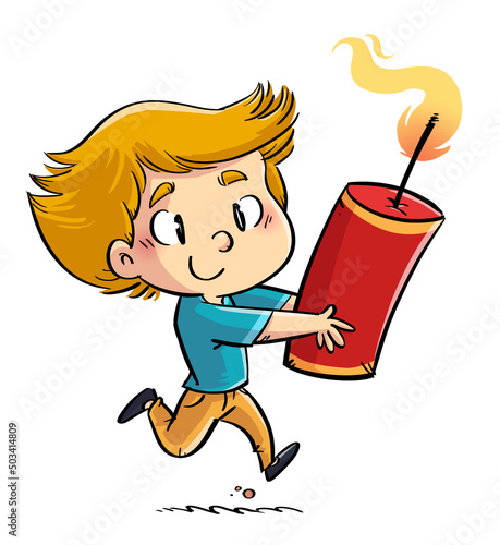 Illustration of boy running with giant firecracker
