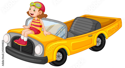 A girl with yellow vintage car in cartoon design
