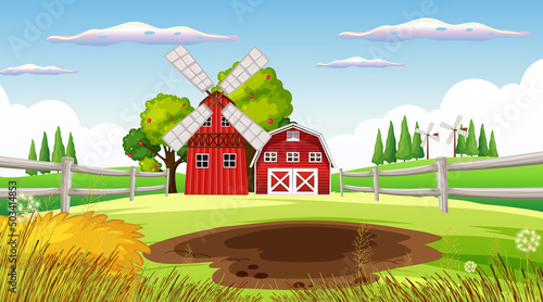 Farm background with barn and windmill