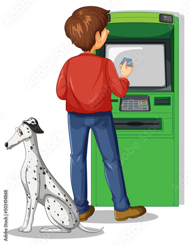 Man withdraw money from atm machine with a dog