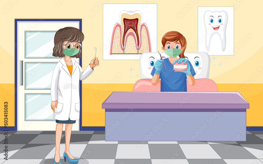 Dentist holding instruments and examining teeth decay on white background