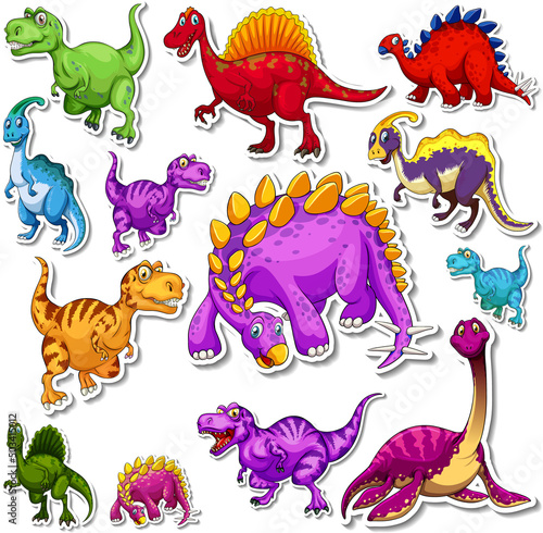 Sticker set of different dinosaurs cartoon