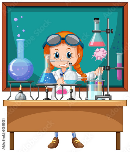 Classroom scene with scientist doing experiment