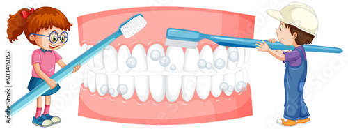 Happy kids brushing teeth with a toothbrush on white background