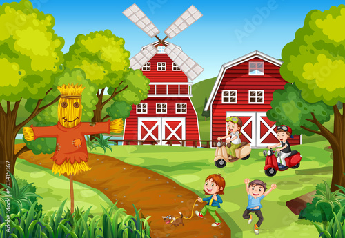 Happy kids in farm landscape