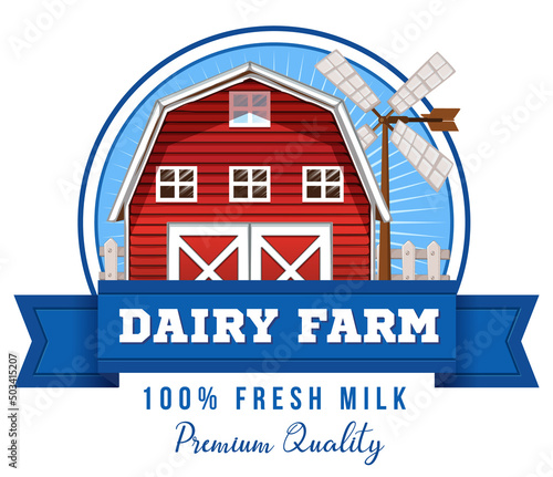 Dairy Farm label with barn cartoon