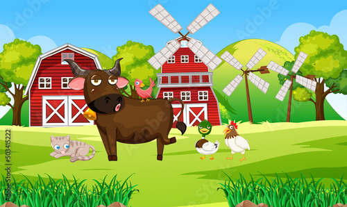 Animals in farm landscape