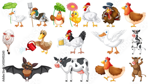 Many farm animals on white background
