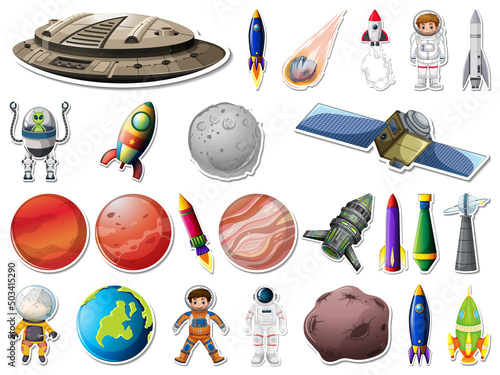 Sticker set of outer space objects and astronauts
