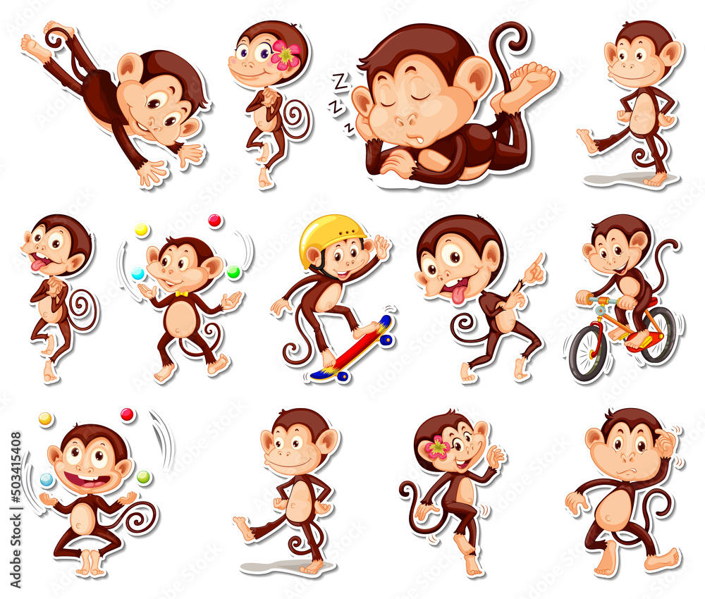 Sticker set of funny monkey cartoon characters Sticker set of funny monkey cartoon characters