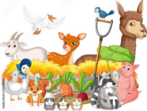 Many farm animals by the fence