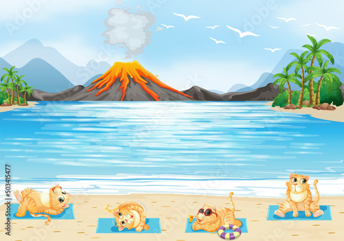 Set of different domestic animals on the beach scene