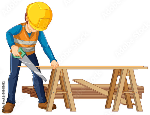 A construction worker cutting wood