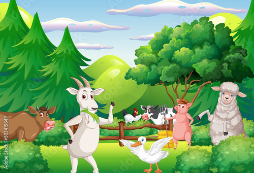Farm background with happy animals