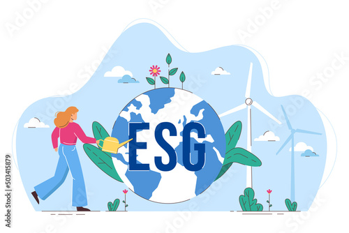 Flat ESG concept of environmental and sustainability in business. Woman watering globe with flowers, saving Earth. Girl care of planet and nature. Environment, ecology and nature protection.