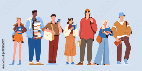 Flat group of smiling students of college, university or high school with books, mobile phone and backpacks standing together. Multicultural classmates, teenagers in modern clothes. Happy young people
