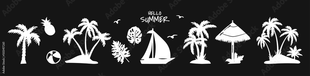 summer collection on black background vector illustration. sail vector illustration. summer set vector silhouette. hello summer vector set illustration silhouette summer collection on black background vector illustration. sail vector illustration. summer set vector silhouette. hello summer vector set illustration silhouette