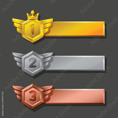 Game Rank Reward, gold, silver, platinum, bronze with polygon shape and wings or gold crown template.