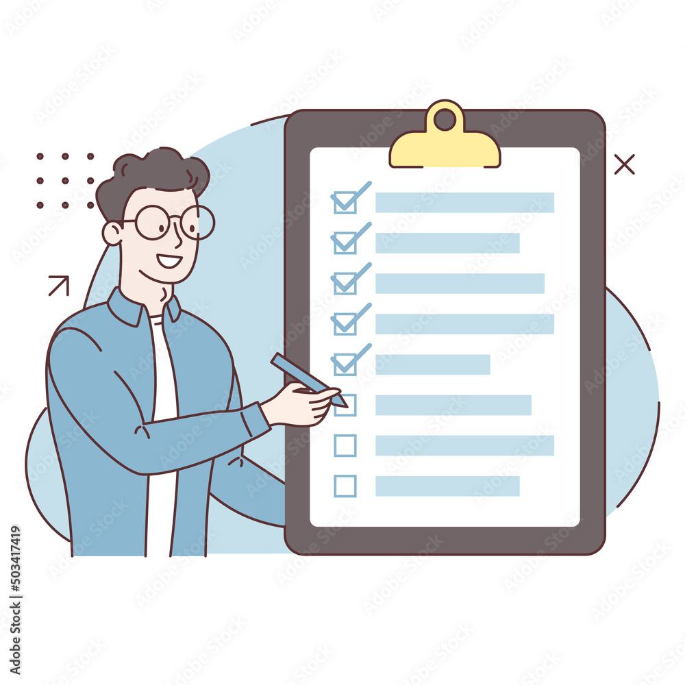 Man with check list. Checklist for work completion, review plan, business strategy. Todo list for responsibility and achievement concept. Document with marks and text. Flat design. Vector illustration Man with check list. Checklist for work completion, review plan, business strategy. Todo list for responsibility and achievement concept. Document with marks and text. Flat design. Vector illustration
