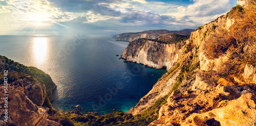 Fotografie, Obraz Zakynthos in Greece, Keri cliffs and Ionian sea at sunset