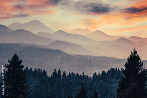 Fototapeta Naklejka Na Ścianę i Meble -  Hills and mountains landscape in clouds and fog at sunset.