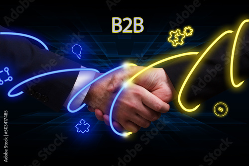 Business, technology, internet and network concept. Young businessman thinks over the steps for successful growth: B2B