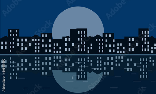 Night city landscape with fool moon and reflect on the water