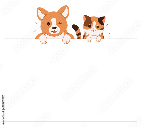 Cute dog and cat are holding white blank paper for text. Pet notice banner concept vector illustration.