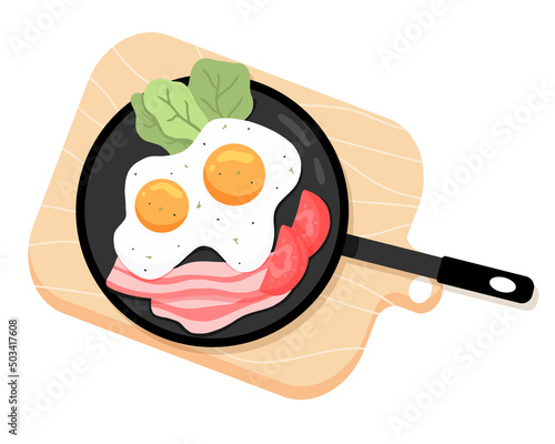 Scrambled Eggs on a pan. Fried Eggs with vegetables and Bacon. Vector illustration in cartoon style. English delicious Breakfast. Omelet with tomato and bacon.