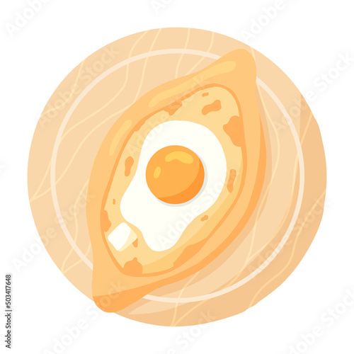 Traditional Adjarian and Georgian dish - khachapuri. Freshly baked flat bread with cheese and egg isolated on white background. Vector hand drawn illustration.