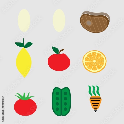 Food collection of fruits  vegetables  eggs and meat