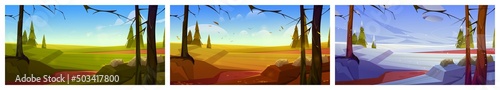 Cartoon nature landscape green field, conifers trees and rocks at summer, spring, autumn and winter season. Scenery backgrounds set of wild meadow or pasture with plants and stones Vector illustration