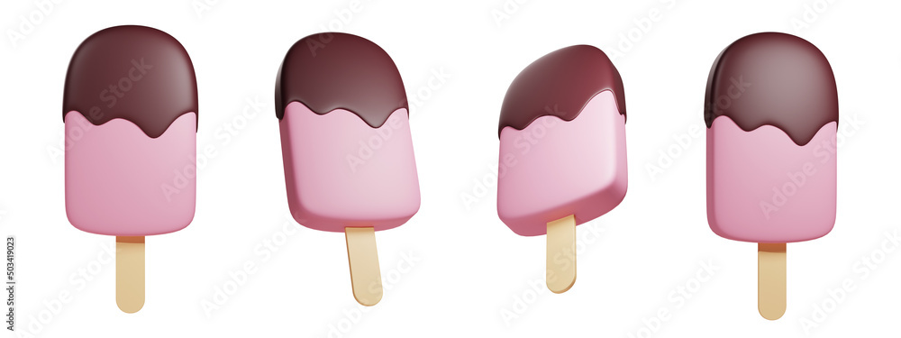 3d set of popsicle. Strawberry ice cream with chocolate topping. 3d illustration. 3d set of popsicle. Strawberry ice cream with chocolate topping. 3d illustration.