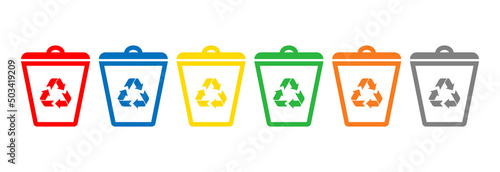 Trash bin vector icon set.Trash can.Colorful recycle trash bucket.Dustbin icons.Recycling.Waste separation.Organic,plastic,glass,e-waste,metal,paper.